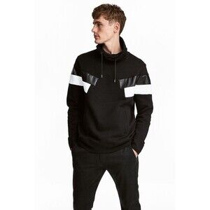 H&M Men's Size Large Black Colorblock Cowl Neck Moto Streetwear Pullover Hoodie